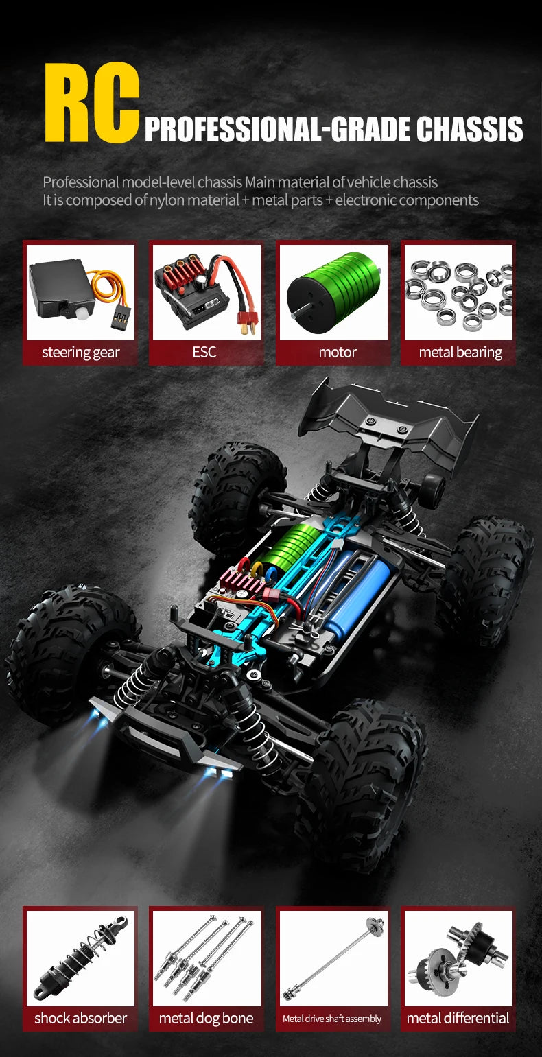 Professional-grade chassis components including steering gear, ESC, motor, metal bearing, shock absorber, and differential fo