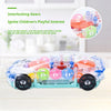 A transparent gear car with colorful gears and lights is shown on a wooden surface.