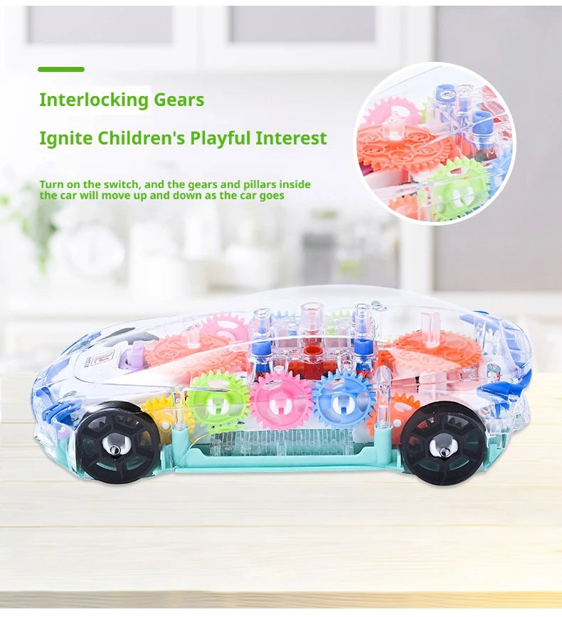 A transparent gear car with colorful gears and lights is shown on a wooden surface.