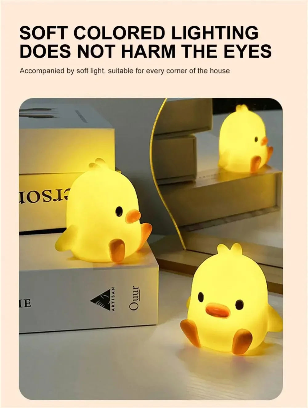 A yellow cartoon duck night light illuminating a wooden shelf in a modern home setting.