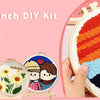 DIY needlepunch kit showing various colorful flower and landscape patterns being created on a round canvas