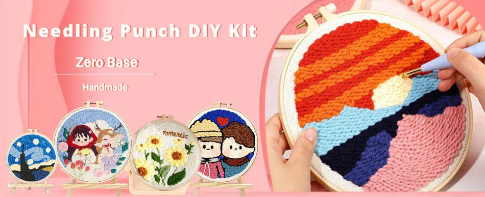 DIY needlepunch kit showing various colorful flower and landscape patterns being created on a round canvas