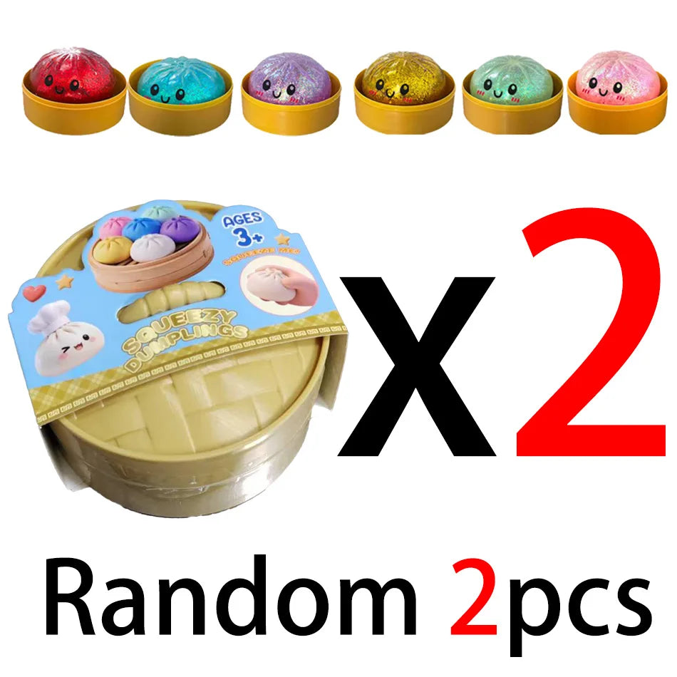 A set of six colorful squishy stress balls in various shades and a steamer basket for the dumpling squishies