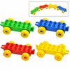 A set of large building block traffic vehicles in various colors including green, blue, red, and yellow.