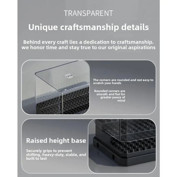 Transparent acrylic particle building block display box with rounded corners and a raised height base
