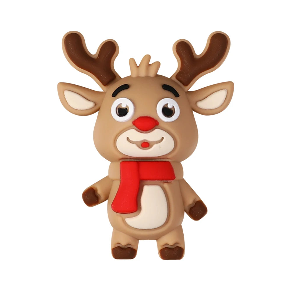 A silicone bead charm shaped like a reindeer with antlers and a red scarf for festive craft jewelry.