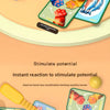A board game featuring cards and a yellow tool used to stimulate potential for hand-eye coordination training.