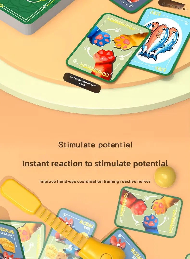 A board game featuring cards and a yellow tool used to stimulate potential for hand-eye coordination training.