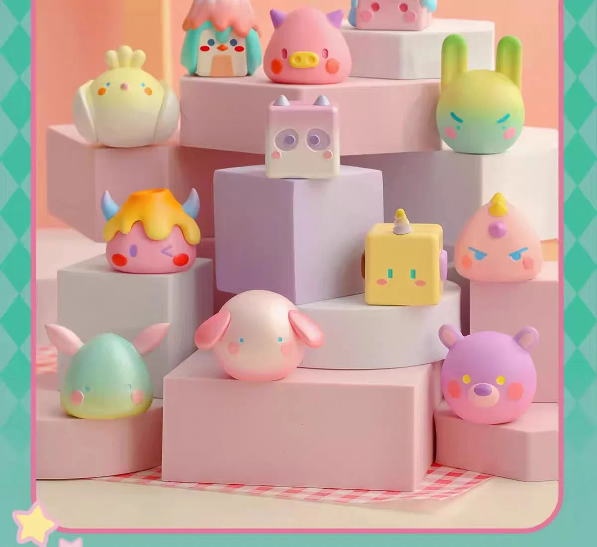 A collection of colorful geometric monster mini bean blind box figures displayed on pink and white hexagonal platforms.