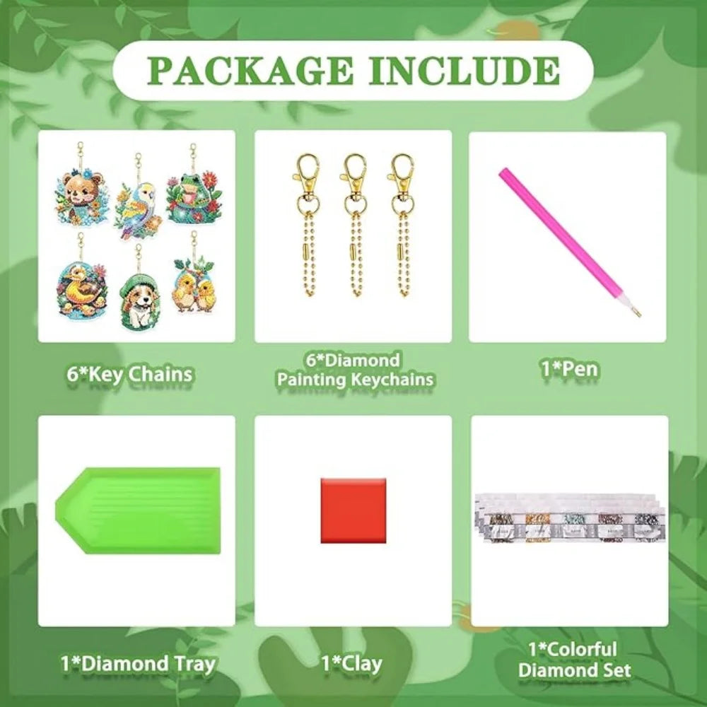 A package include showing 6 key chains, 6 diamond painting keychains, a pen, a green tray, a red block, and a colorful diamon