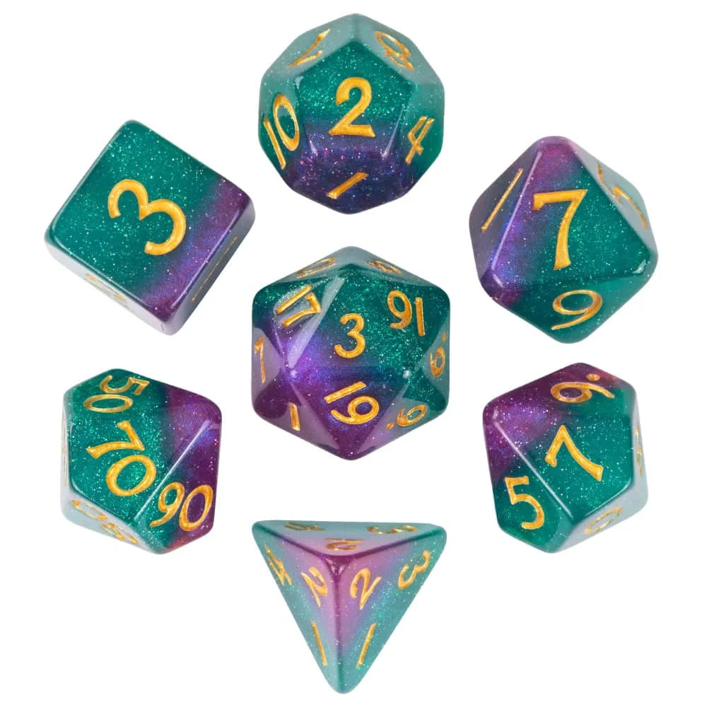 A set of premium glitter resin polyhedral dice including a d10, d20, and d12.