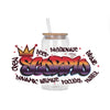A clear glass bottle with a straw contains liquid and features colorful graffiti art of a scorpion and related text.