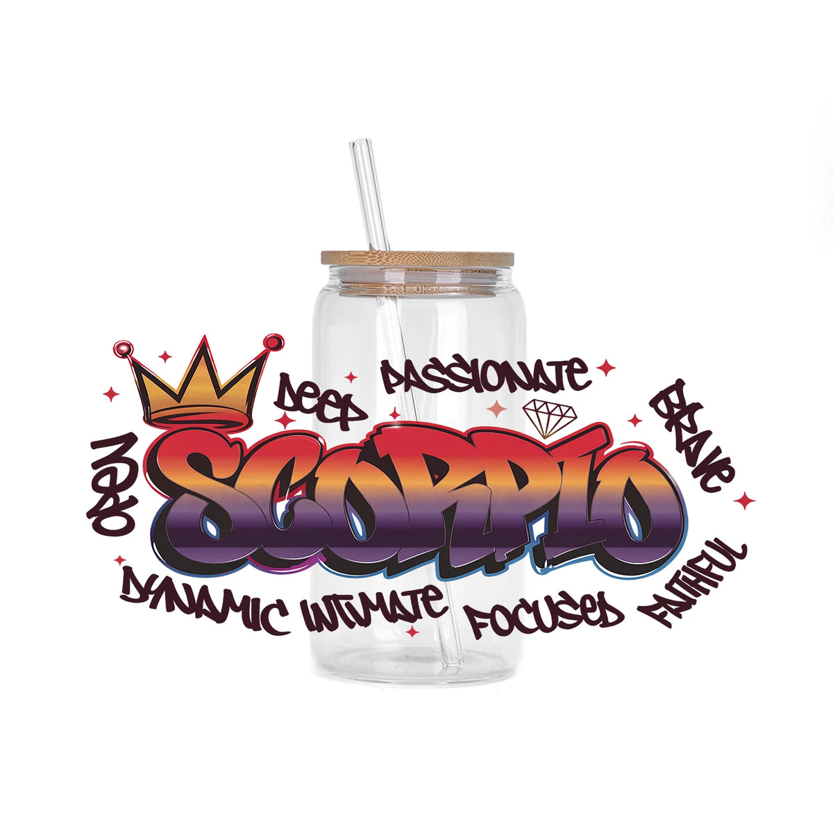 A clear glass bottle with a straw contains liquid and features colorful graffiti art of a scorpion and related text.