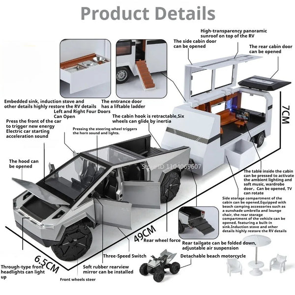 A diecast pickup trailer robotaxi model car with various features shown in detail.