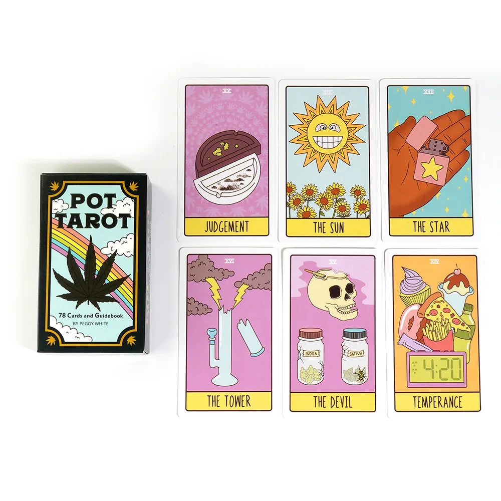 A set of 12 Pot Tarot cards featuring various major arcana cards like The Judgment, The Sun, and The Tower.