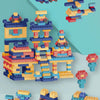 A collection of colorful educational stacking blocks and toy vehicles for children.