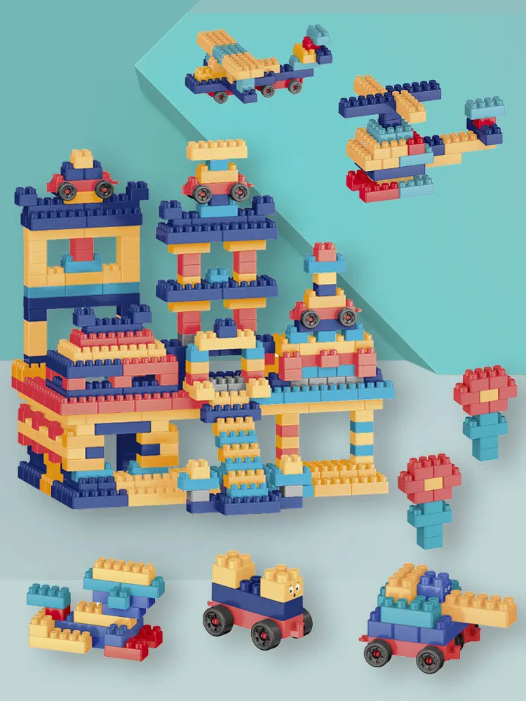 A collection of colorful educational stacking blocks and toy vehicles for children.