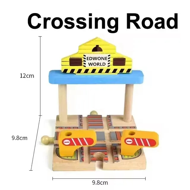 A wooden crossing road toy set featuring a yellow and black striped crossing sign on a blue base.