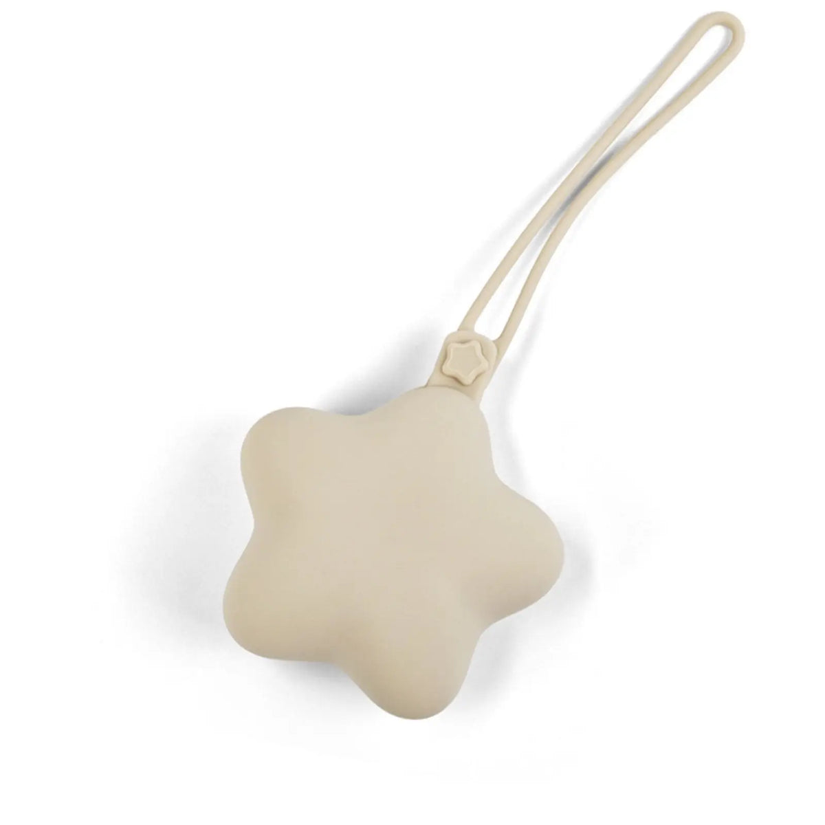 A beige silicone pacifier and teether with a strap attached for portability.
