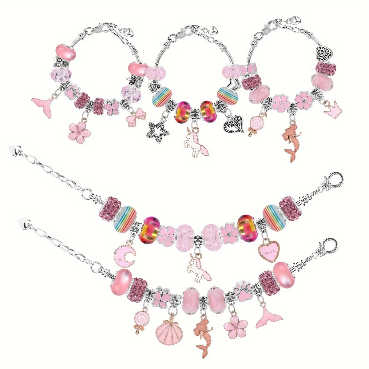 A set of pink charm bracelets and necklaces with various beads and charms for making jewelry