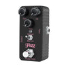 A black mini guitar effects pedal with various controls including fuzz, volume, tone, and output settings.
