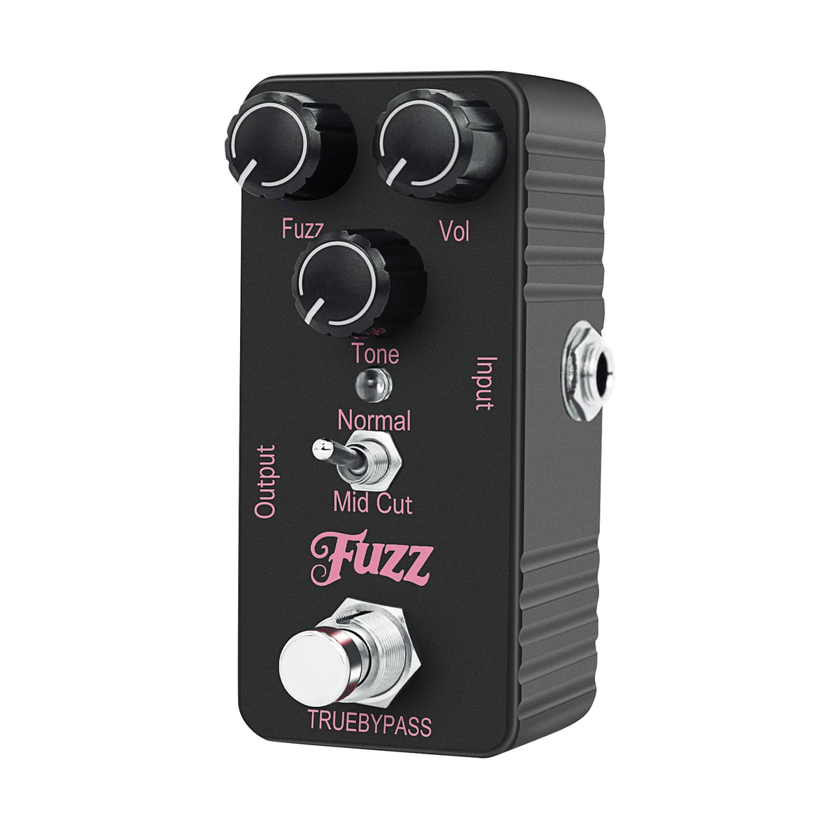 A black mini guitar effects pedal with various controls including fuzz, volume, tone, and output settings.