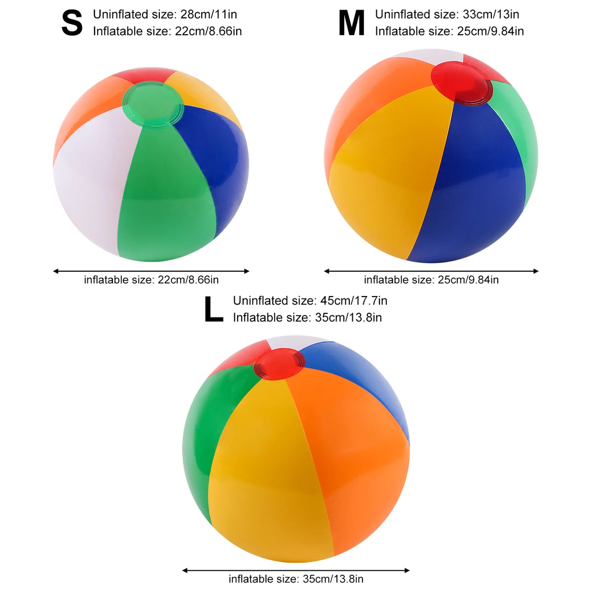 Three inflatable beach balls in rainbow colors: green, blue, and orange.