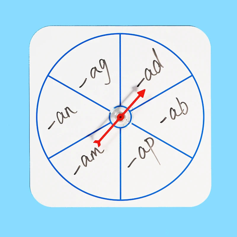 A white magnetic teaching board with a circular layout of letters and lines, featuring a red pointer indicating an angle.