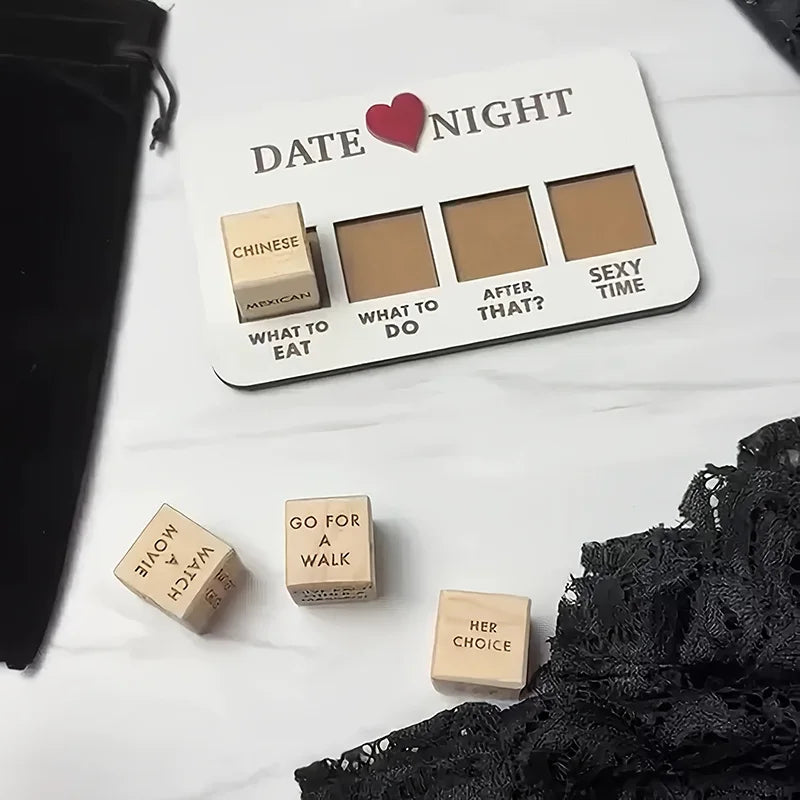 A set of wooden dice labeled with suggestions like Chinese, Mexican, and Sexy Time for a date night game