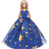 A blonde doll wearing a royal blue evening gown covered in gold stars.