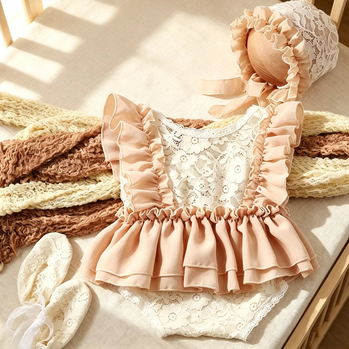 Newborn Chiffon Photography Outfit Set with Hat, Pillow & Mini Shoes