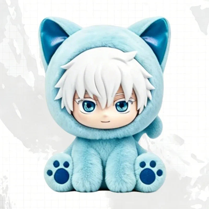 A cute plush figure of a white-haired cat character with blue eyes and light blue ears