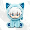 A cute plush figure of a white-haired cat character with blue eyes and light blue ears