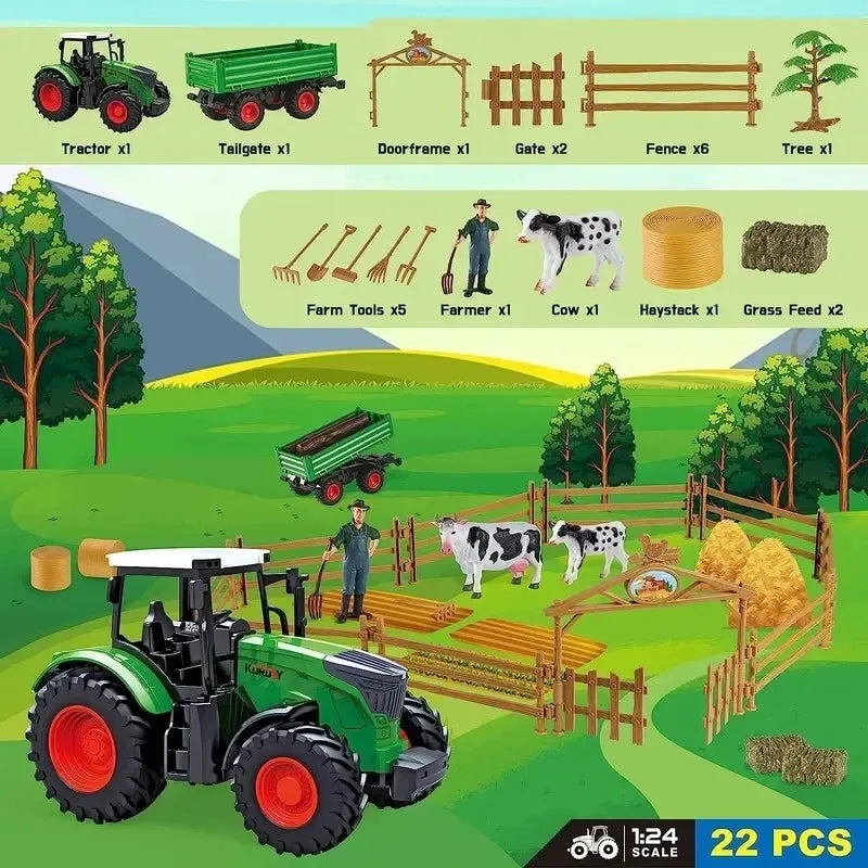16.5" Farm Tractor Playset with Trailer, Animals & Fencing