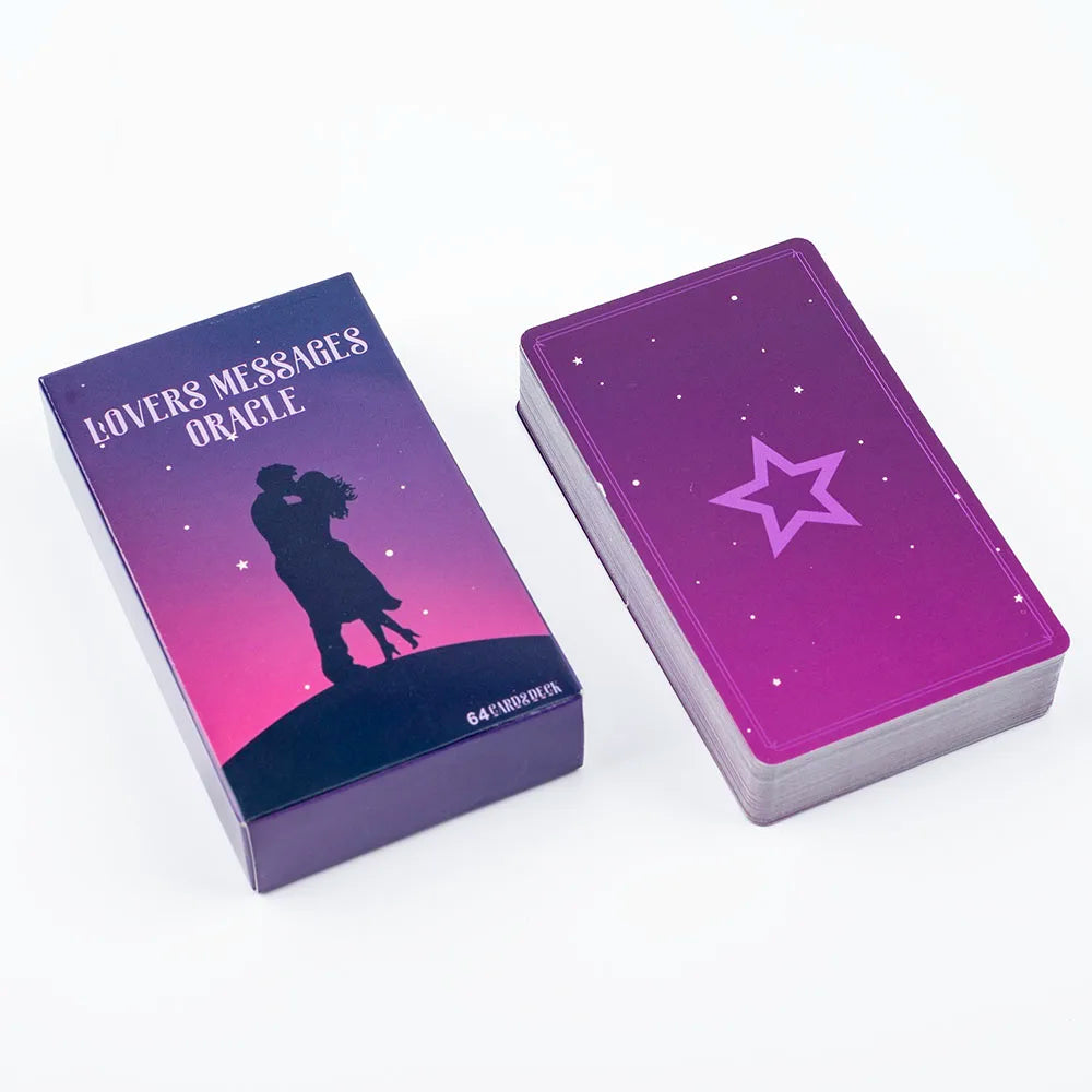 A purple box of the Lovers Messages Oracle deck with a silhouette of two figures and a star design.