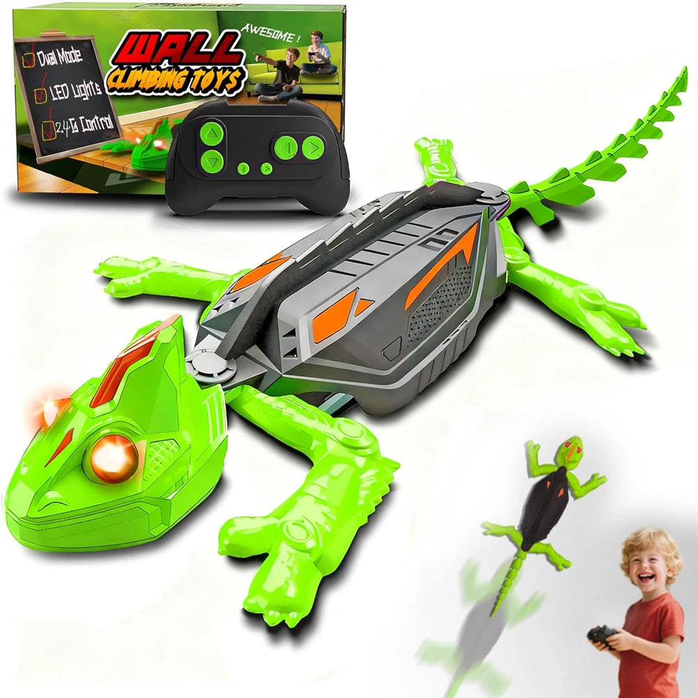 A remote control wall-climbing lizard robot toy with LED eyes and accessories displayed on a white background.