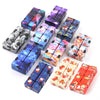 A collection of colorful fidget cubes featuring starry sky designs in various shades of blue, purple, and pink.