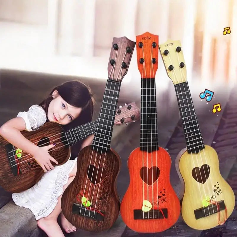 A set of four wooden toy guitars, including a ukulele-style guitar, displayed against a bright background.