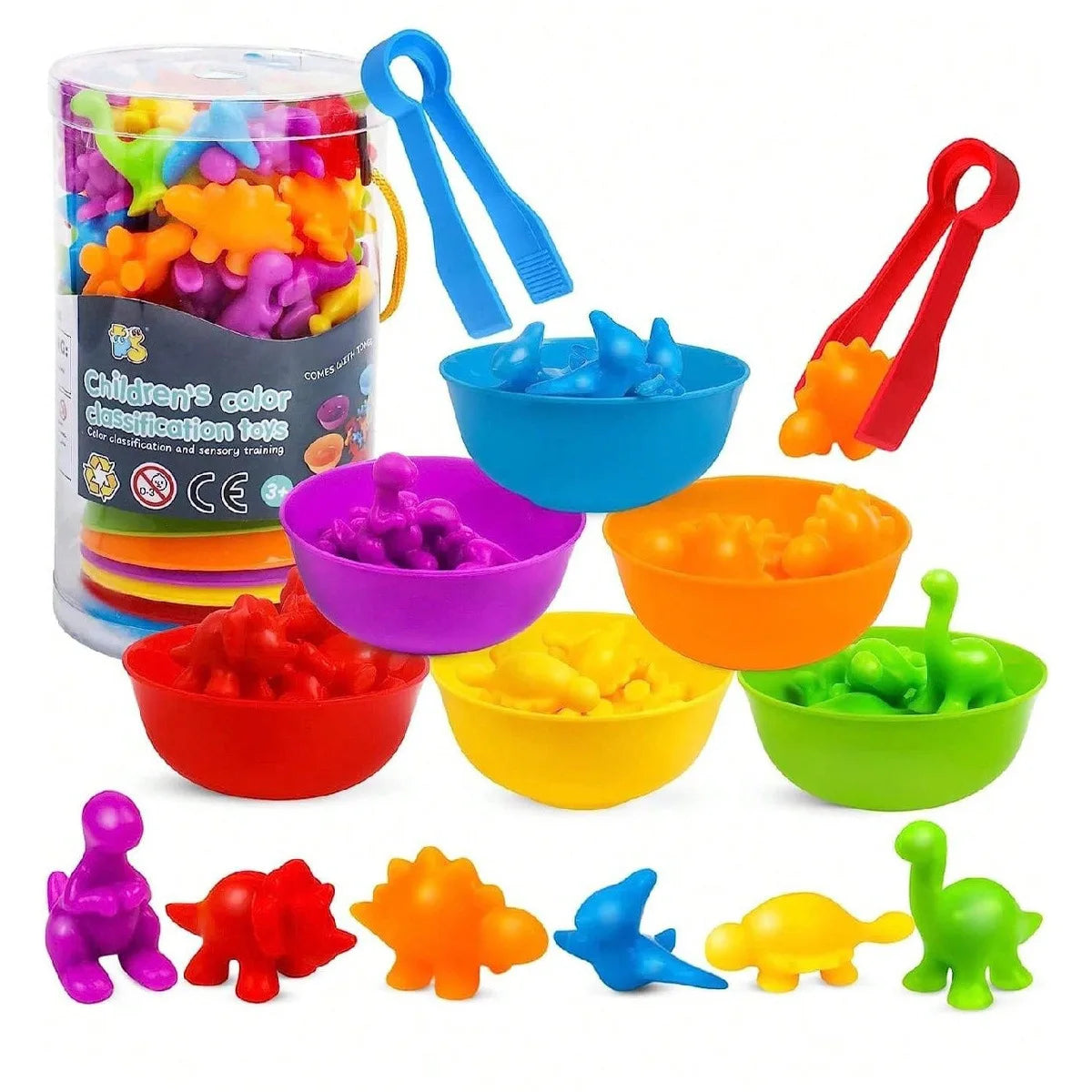 A colorful set of pom-poms in various colors like purple, orange, yellow, and green, along with blue tongs and bowls for sort