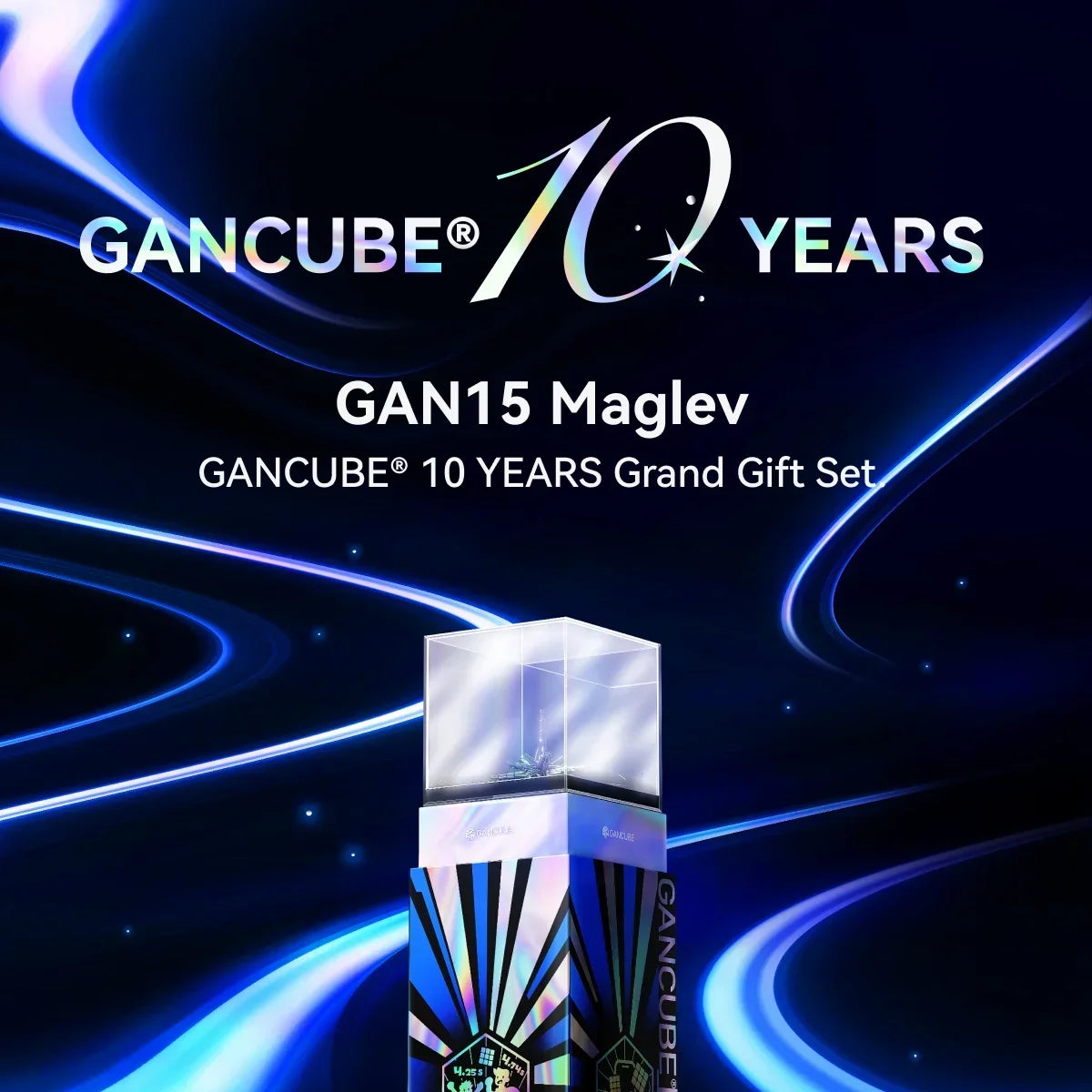 A gift set featuring a GAN15 Maglev magnetic speed cube, celebrating the GANCUBE 10 years anniversary.