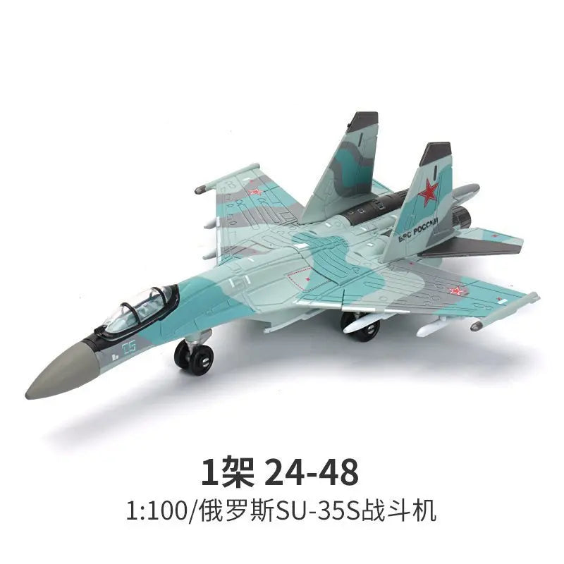 A 1:100 scale model of a SU-35 fighter jet in light blue and gray camouflage.