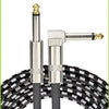 A professional instrument cable with a right-angle connector and black cable shown against a black textured background.