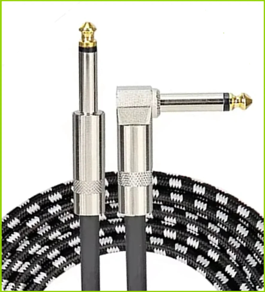 A professional instrument cable with a right-angle connector and black cable shown against a black textured background.