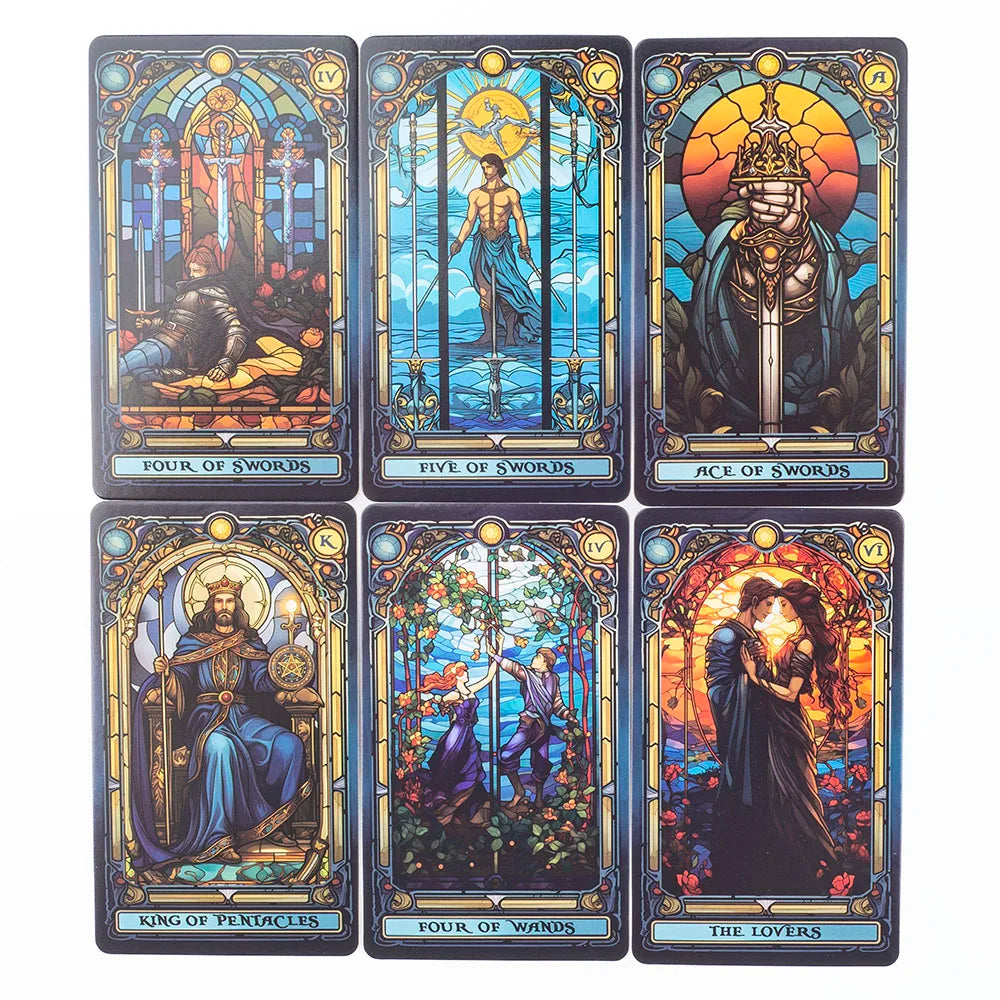 A set of twelve tarot cards featuring stained glass artwork depicting various court cards and major arcana.