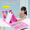 A pink portable art set with an easel and numerous colored pencils is shown next to a girl.