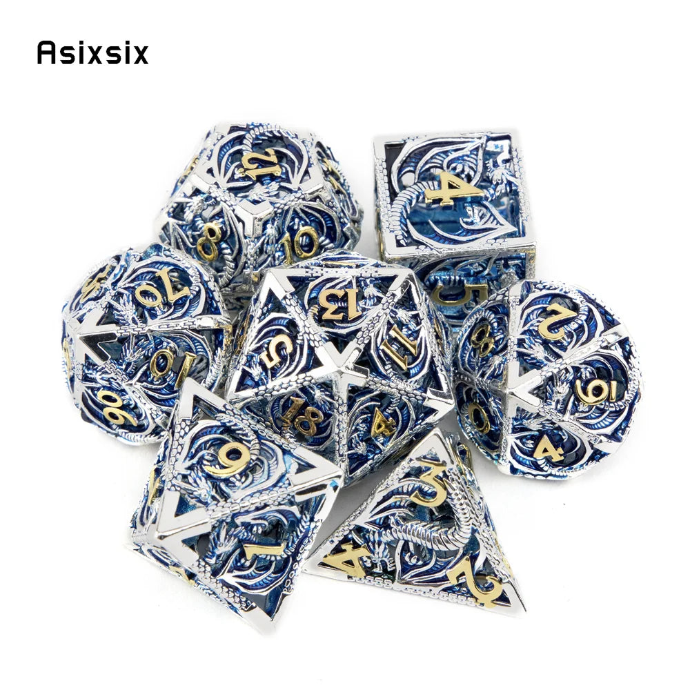 Hollow Metal Polyhedral Dice Set with Blue Dragon Design