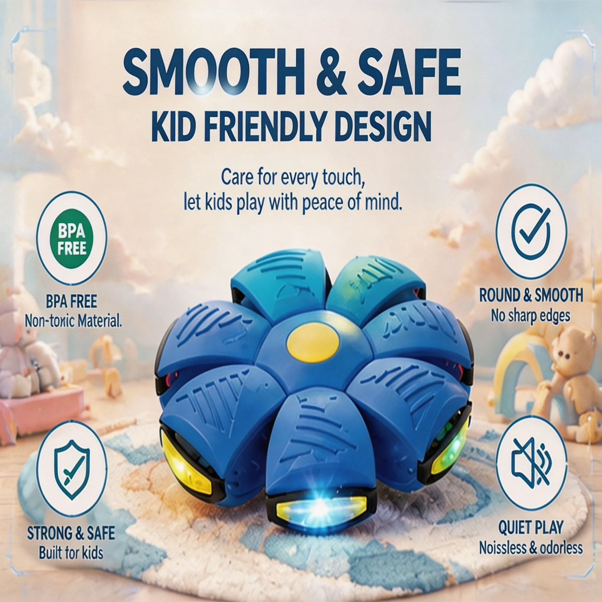A blue magic deformation flying saucer ball toy with a smooth surface is shown on a light background.