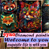 A collection of vibrant diamond painting art featuring cats and foxes against a dark background.
