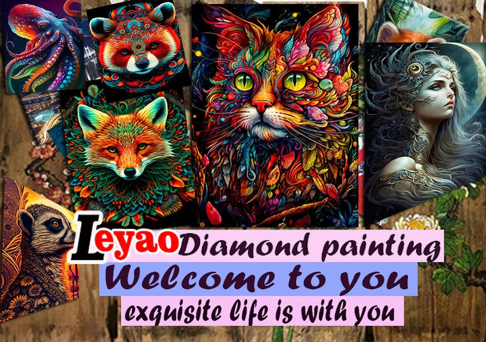 A collection of vibrant diamond painting art featuring cats and foxes against a dark background.