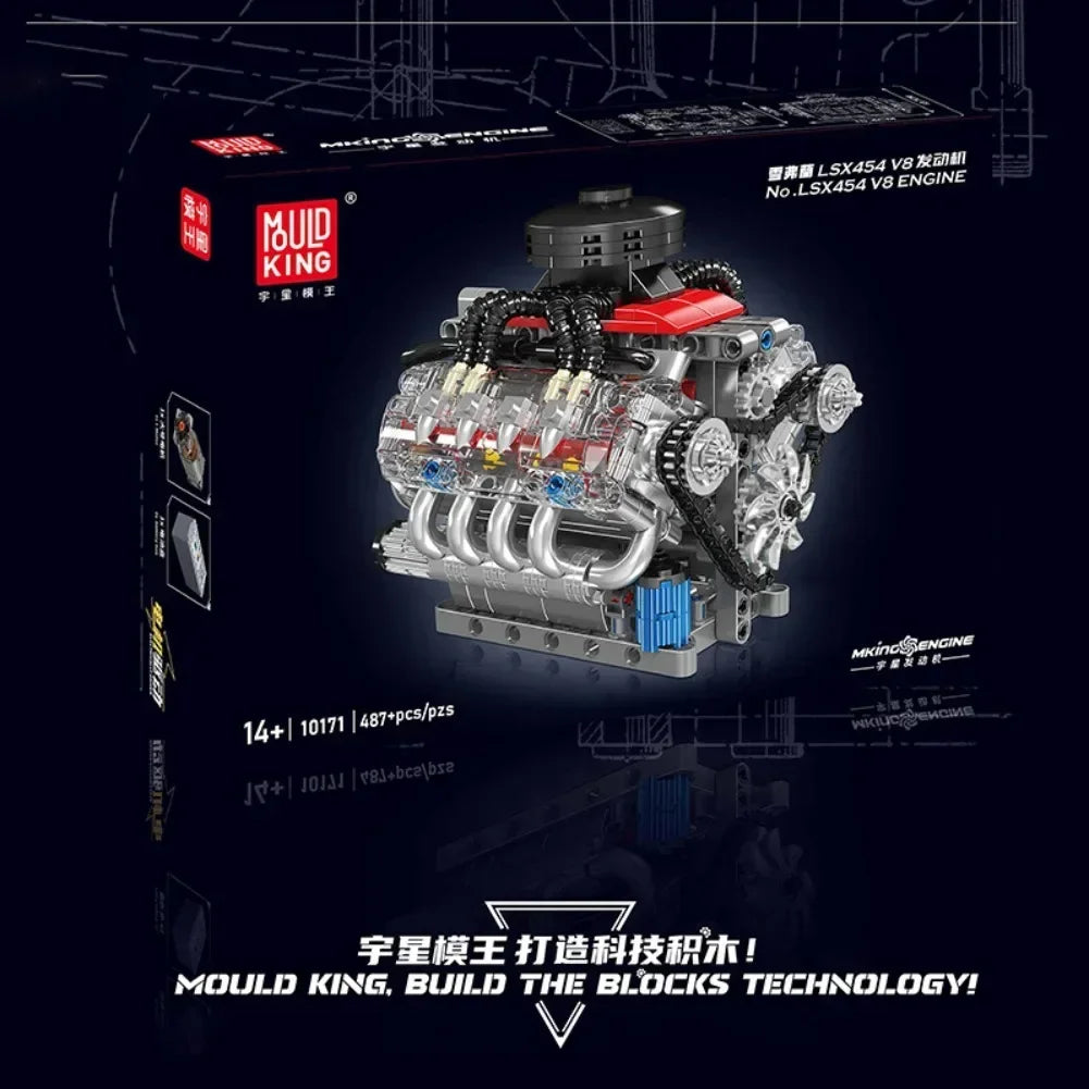 A detailed model of an LSX454 V8 engine building block set with electric drive components.